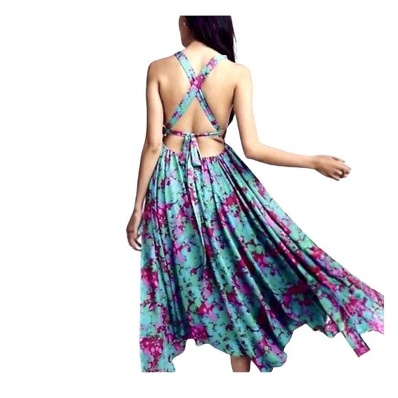 FREE PEOPLE Summer Nights Floral Pink Fuchsia Teal Maxi Dress Size Small - Picture 6 of 16